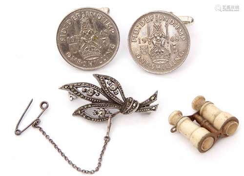 Mixed Lot: pair of 1948 one shilling coin cuff links, swivel fittings, a marcasite brooch, pair of