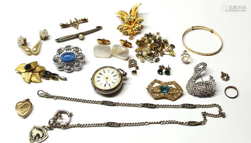 Mixed Lot: white metal and enamel fob watch, cufflinks, various stud earrings, brooches etc