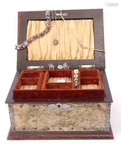 Vintage Bakelite and treen jewellery casket to include a small quantity of necklaces, badge,