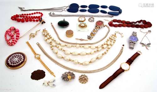 Cardboard box of costume jewellery to include various necklaces, brooches, wrist watches