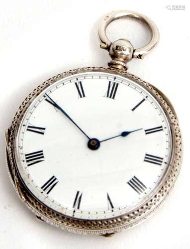 Late 19th century silver cased open face fob watch, the Swiss frosted and jewelled movement with