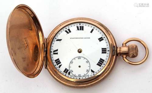 Early 20th century gold plated full hunter keyless pocket watch, the Swiss 7-jewel movement with