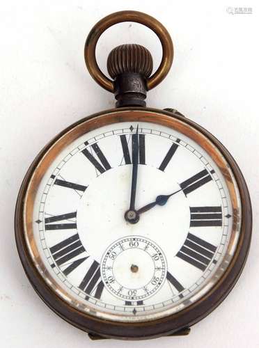 Late 19th century gun metal oversize open face keyless lever watch, the frosted gilt and jewelled