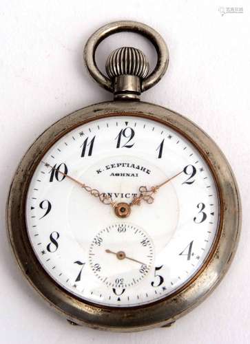 Early 20th century base metal cased open face keyless lever watch, Moeris 