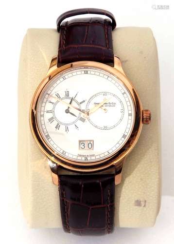 Modern gold plated calendar wrist watch, Dreyfuss & Co, the movement (unseen) to an engine turned