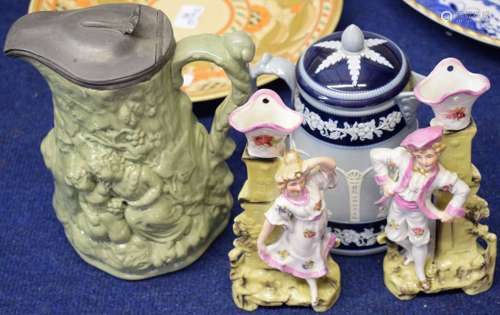 19th century Minton type jug with pewter cover (a/f), together with a Copeland jug and cover and two