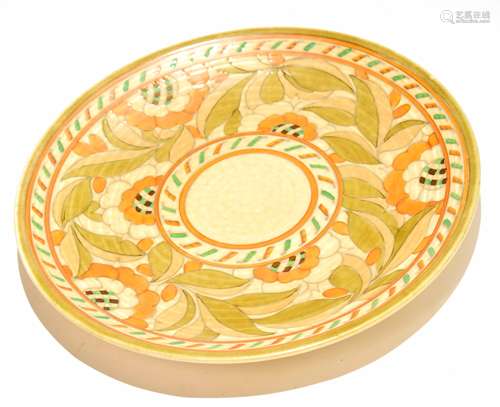 Crown Ducal charger decorated with an autumn leaf type pattern by Charlotte Rhead, 32cm diam