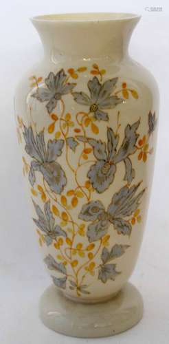 Yellow glass vase with a painted design of autumn flowers in blue, gilt and yellow, 40cm high