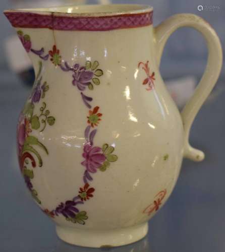 Lowestoft porcelain sparrowbeak jug circa 1780, decorated in polychrome with a cornucopia and floral