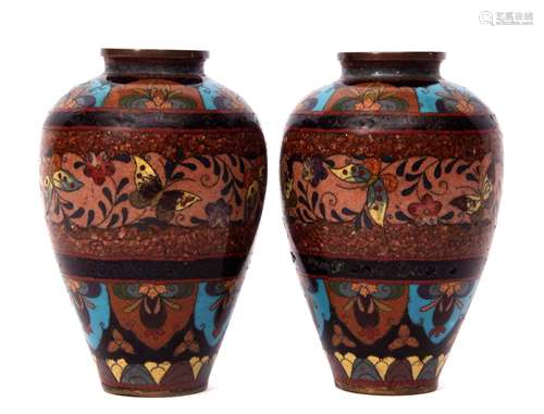 Pair of Japanese cloisonne vases, probably Meiji period, decorated with butterflies and flowering