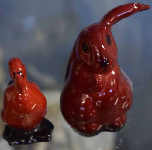 Two Royal Doulton flambe models one of a lop eared rabbit, the other of a duck, the rabbit 7cm