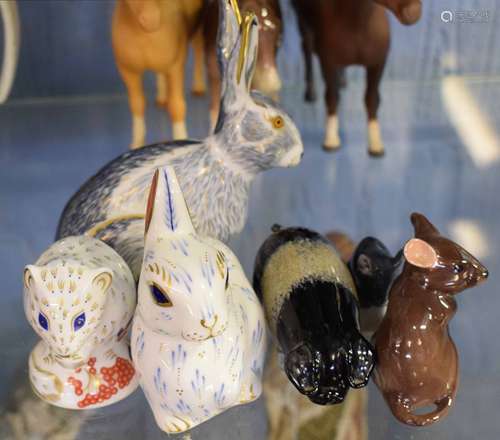 Group of Royal Crown Derby models, one of a starlight hare, another of a dormouse and a snowy