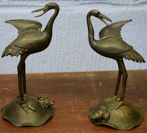 Pair of Japanese metal ware cranes on Art Nouveau style stand