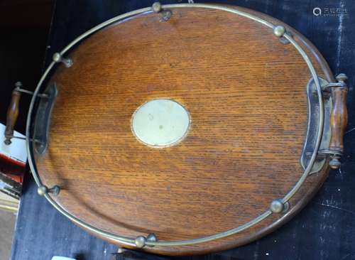 Early 20th century oak and silver plated mounted two-handled oval tray with gallery surround (silver