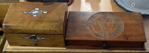 Victorian walnut dome top box, lid and escutcheon with mother of pearl detail together with a