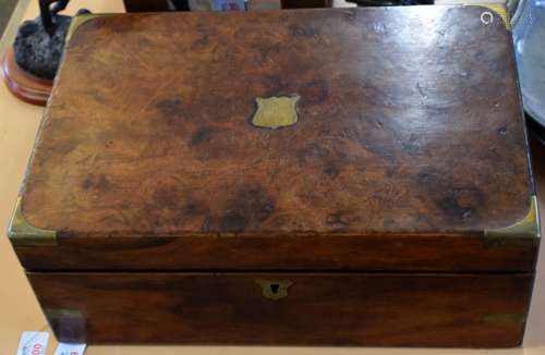 Victorian walnut writing box with brass bound corners and strapwork with brass central name plate