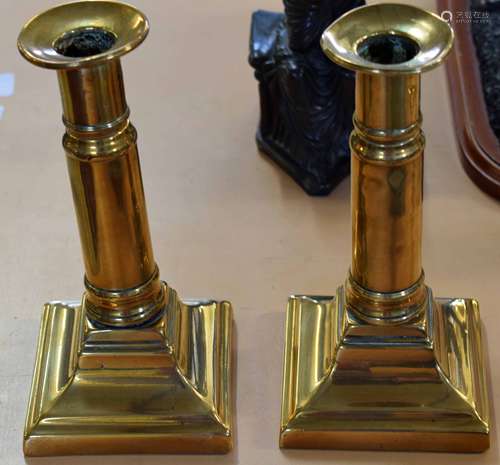 Pair of copper candlesticks circa late 18th/early 19th century, plain cylindrical stems and