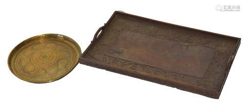 Brass circular Benares table top and two handled rectangular tray in Arts & Crafts style, the border