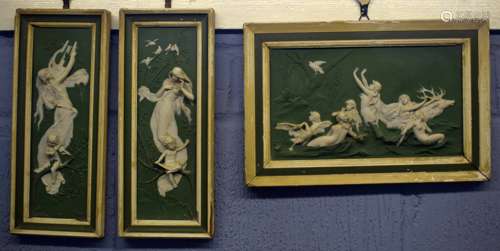 Collection of three framed Continental relief plaques, each depicting mythological scenes, circa