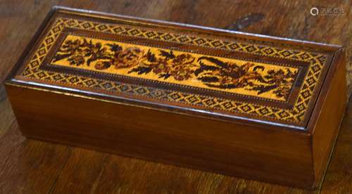 Vintage dominoes or games box, the swivelling lid inlaid in the Tonbridge ware manner, the remainder