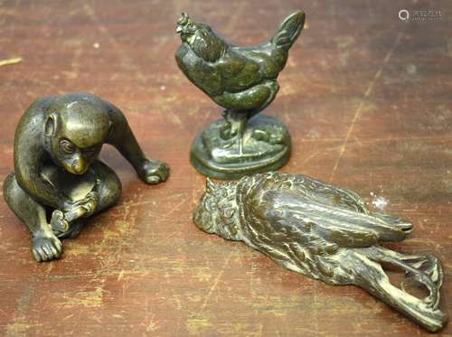 Small bronze model of a chicken, further brass model of a monkey and a filled bronze effect model of