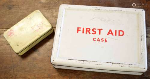 Vintage first aid case and tin both containing original contents, 28 and 14cm long (2)