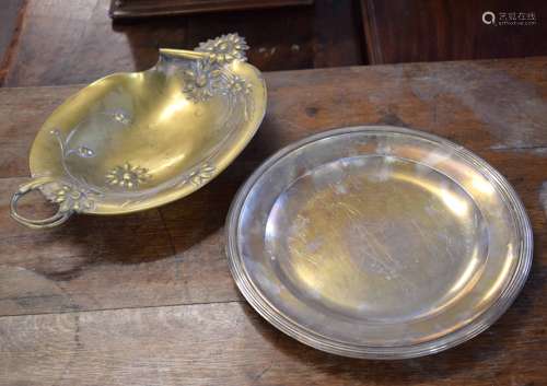 Silver plated Art Nouveau style dish and a further circular plated dish, 35cm long x 29cm diam