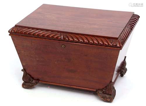 Early 19th century mahogany wine cooler of tapering rectangular form, the lifting lid with a