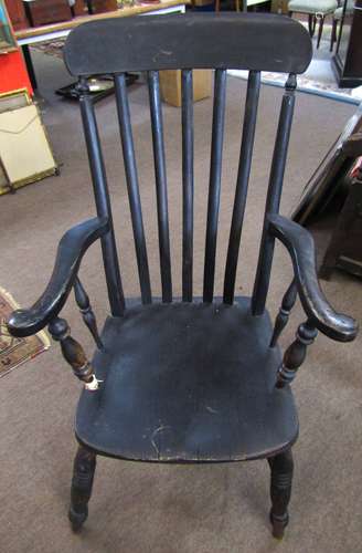 Victorian ebonised slat back solid seat kitchen armchair