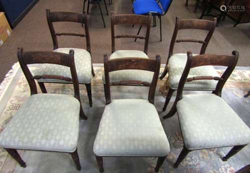 Set of six Regency period mahogany bar back dining chairs, green upholstered seats and ring turned