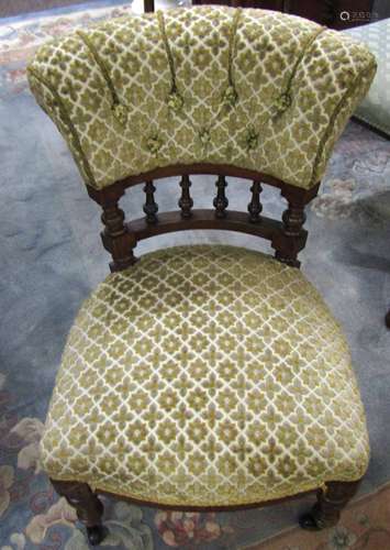 Victorian side chair, curved spindle back, bowed apron with balustered and ring turned front