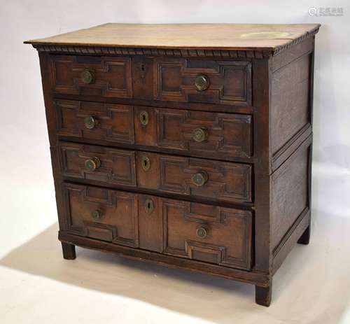 17th century and later oak geometrically moulded chest of four graduated full width drawers on plain