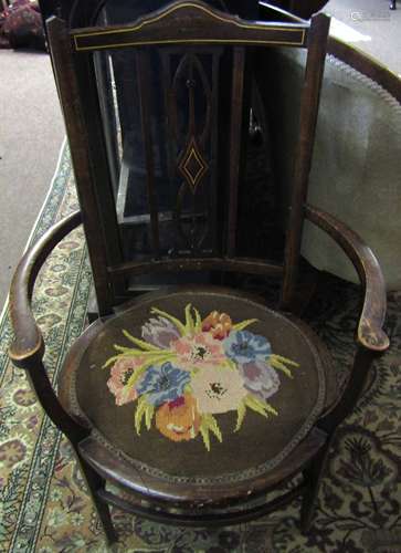 Edwardian armchair, central splat back over a grospoint wool embroidered seat raised on tapering