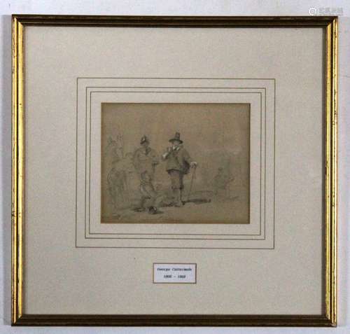 Attributed to George Cattermole, pencil drawing, Figures in period costume, 12 x 15cm