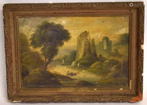 19th century English School oil on tin, Figures in a rowing boat by a ruined castle, 20 x 30cm