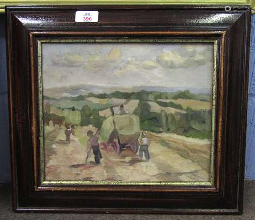 Modern British School oil on canvas, Haymaking, 24 x 29cm