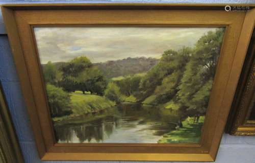 Indistinctly signed oil on board, River scene with angler, 38 x 49cm