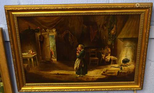 DM, monogrammed and dated 1871, oil on canvas, Kitchen interior with mother and children, 40 x