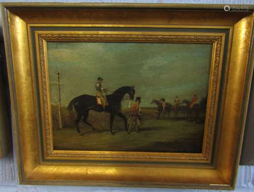 Indistinctly signed oil on panel, Horse racing scene, 21 x 30cm