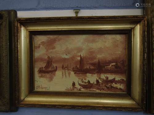 Indistinctly signed oil on canvas, Dutch coastal scene with boats and figures, 23 x 37cm