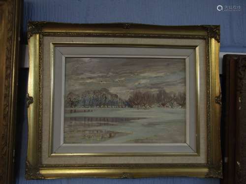 Myall, signed and dated 59, oil on board, Winter landscape, 24 x 34cm