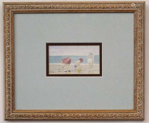 Patrick Boswell, initialled watercolour, Children on a Beach, 7 x 11cm