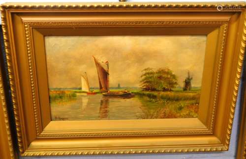 William Marjoram, signed oil on board, Broadland scene, 21 x 36cm