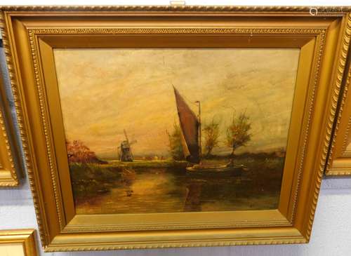 William Marjoram, signed oil on canvas, Broadland view with wherry by a mill, 39 x 49cm