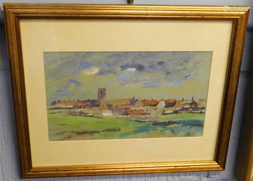 William Henry Ford, signed gouache, Norfolk village, 16 x 28cm