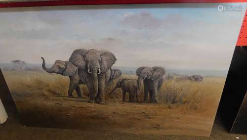 John G Mace, signed and dated 89, oil on board, Elephants in a landscape, 61 x 91cm, unframed