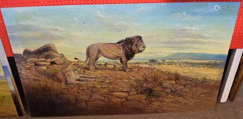 John G Mace, signed and dated 95, oil on board, Lions in extensive landscape, 76 x 123cm, unframed