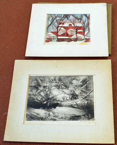 Henry Holzer, signed and dated 77 in pencil to margin, black and white etching, Landscape,