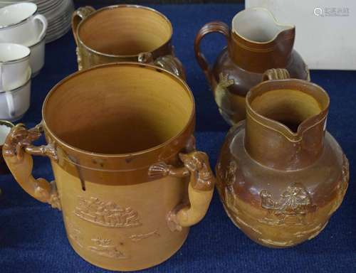 Group of four Doulton Lambeth harvest wares, late 19th/early 20th century comprising a large tyg