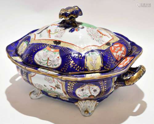 Large Mason's mid-19th century tureen and cover, the blue ground decorated with various panels of